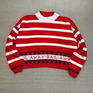 Vtg 80s cropped drop shoulder nautical red and white striped sweater mock neck M